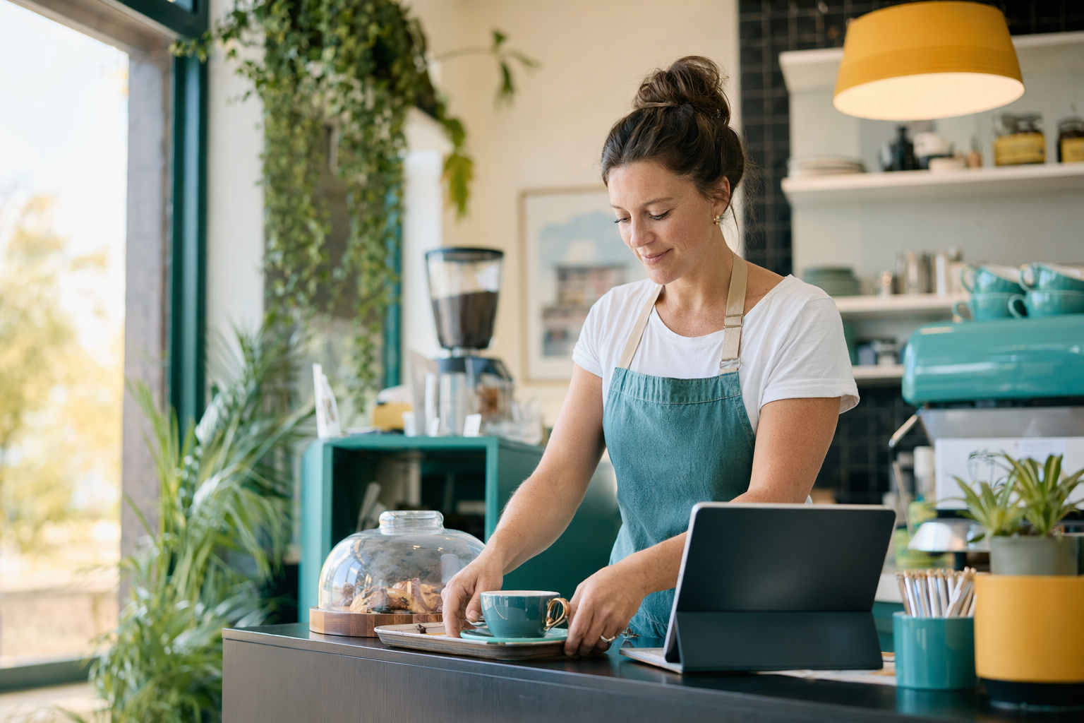 A small business owner working comfortably with a device nearby, focused on their customers rather than the technology.