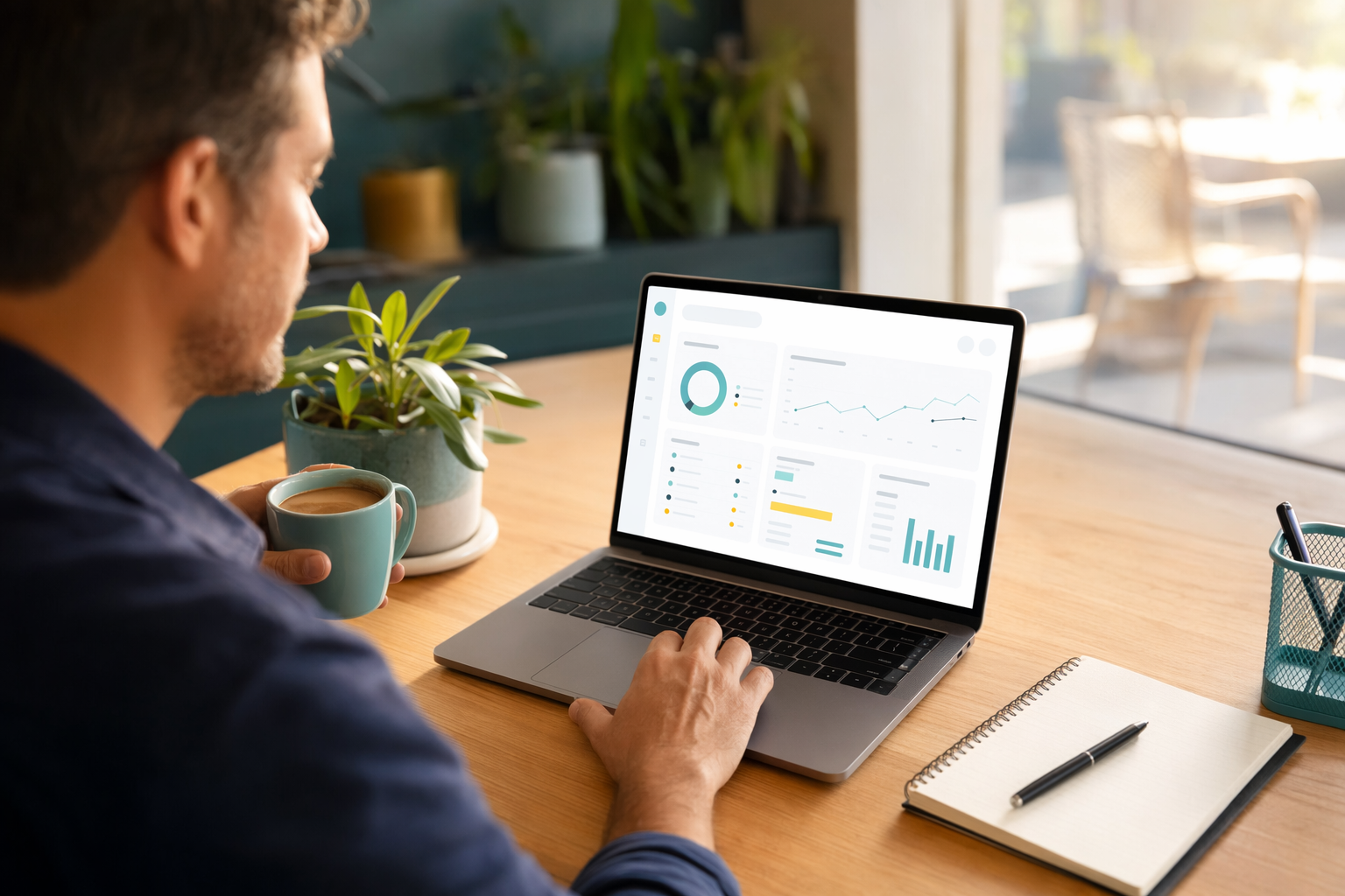 A small business owner's desk with a laptop showing a management dashboard in warm natural light.