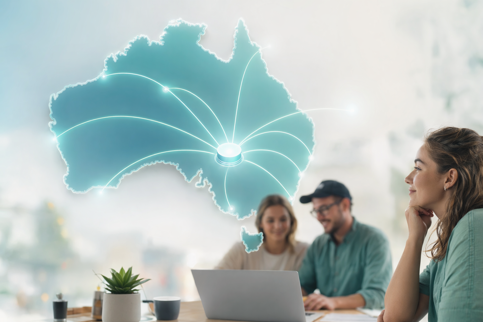 Abstract illustration of data connected within an outline of Australia, representing local data storage.