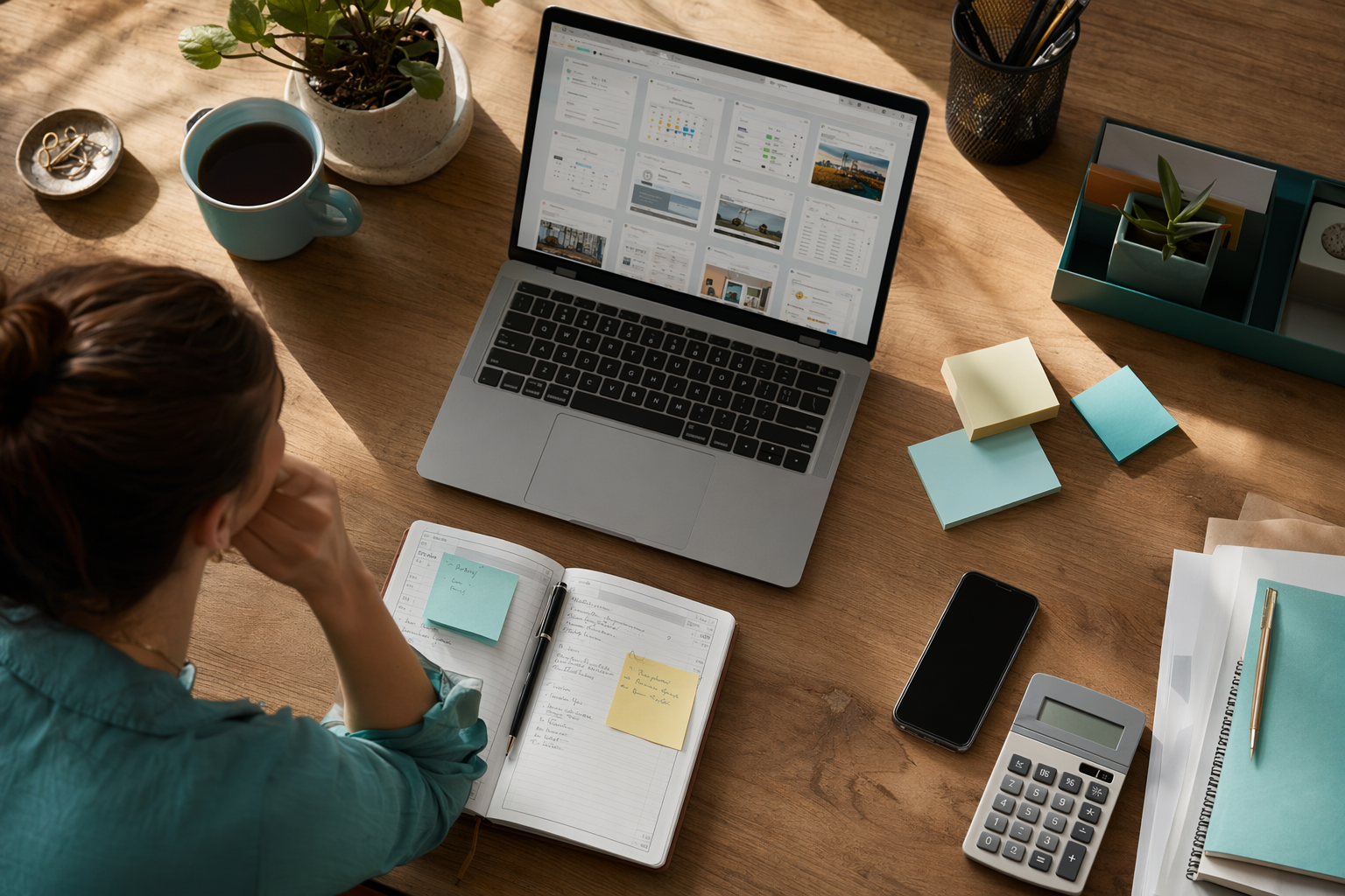 A desk cluttered with a laptop, paper diary, sticky notes and a phone, showing the chaos of juggling separate business tools.