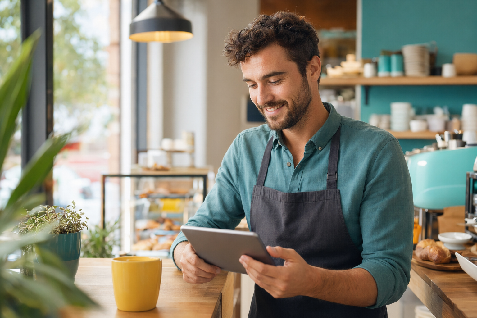 A small business owner calmly using a tablet at a tidy counter in natural light