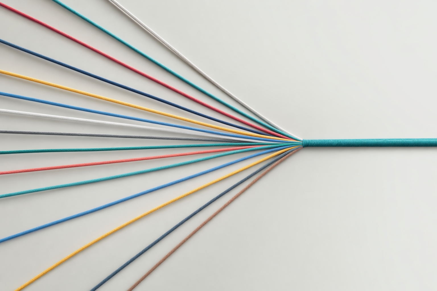 Multiple coloured threads joining into a single connection point
