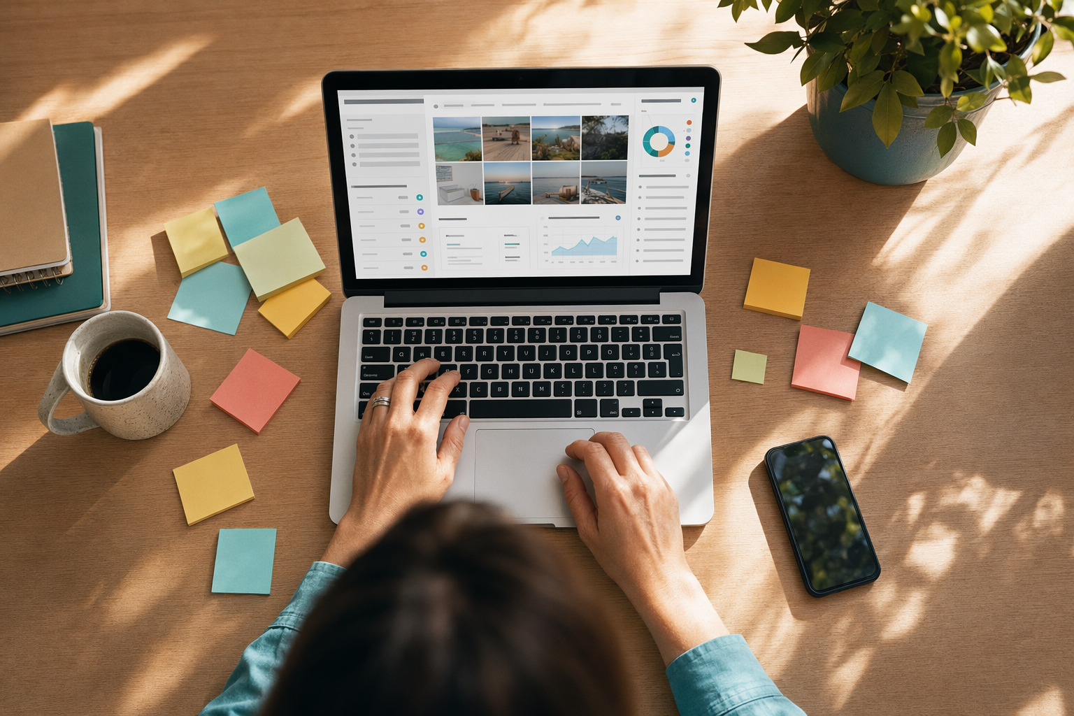A small business owner working at a single laptop surrounded by notes, suggesting many tasks in one place.