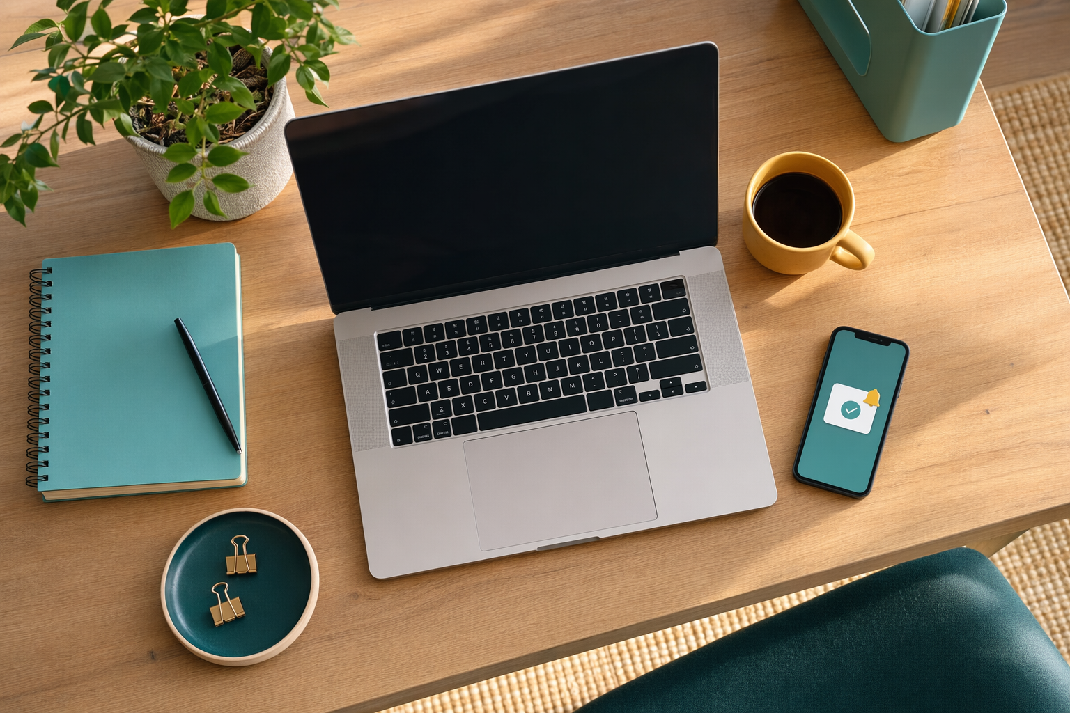 A tidy desk with a single laptop and phone, suggesting a calm, organised way of working.