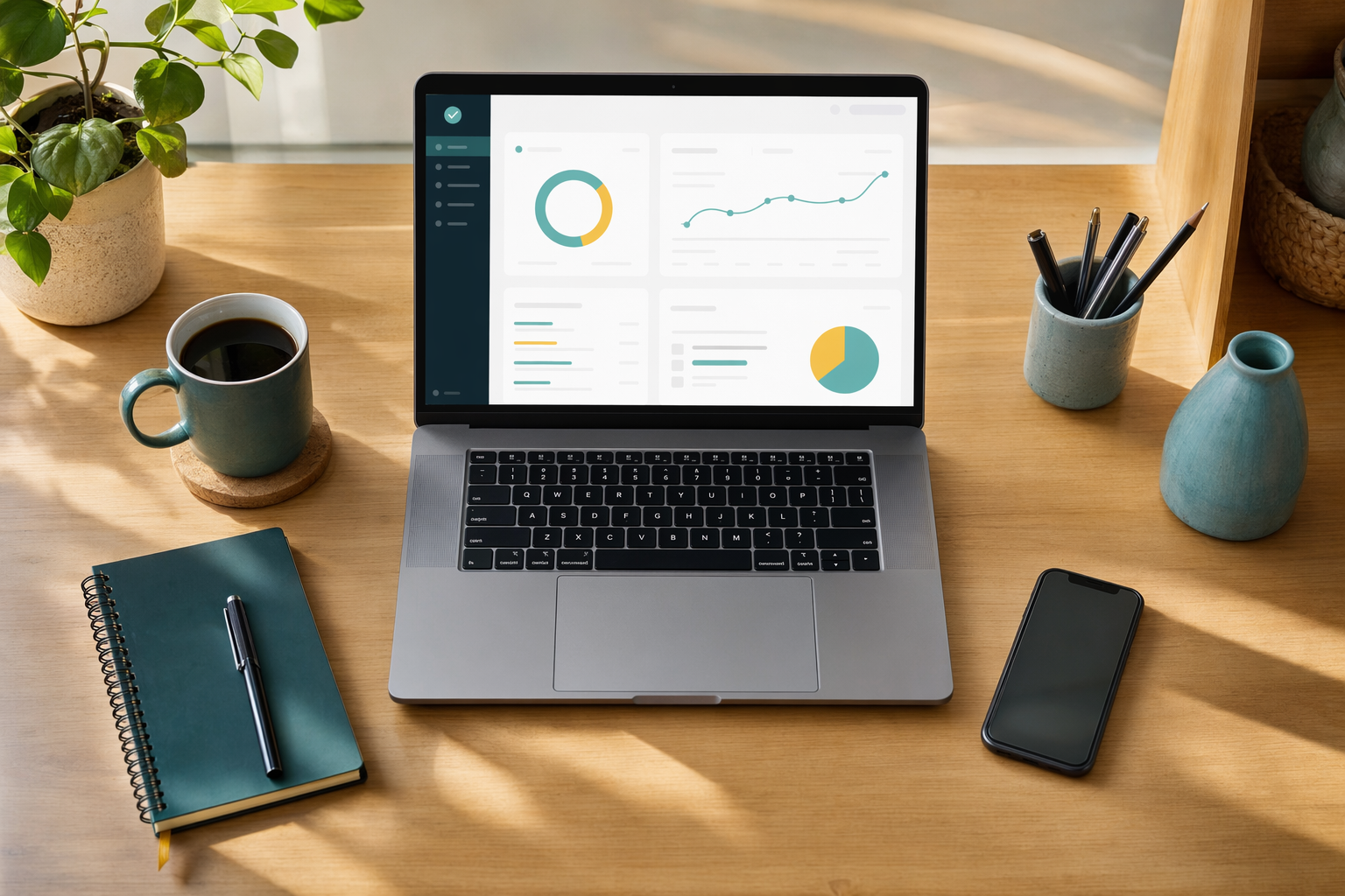 A tidy desk with a single laptop showing one unified dashboard in warm light