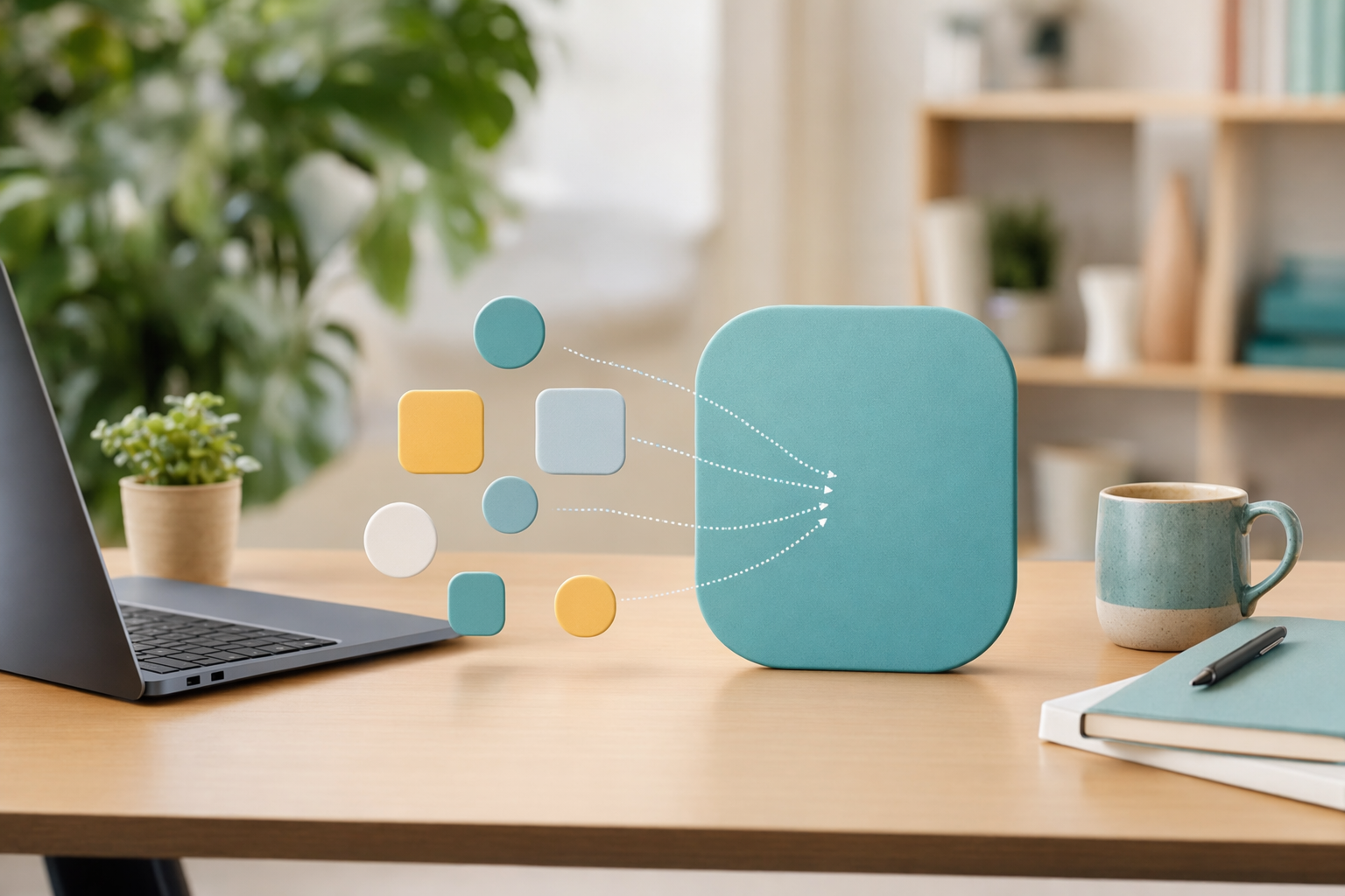 Abstract illustration of separate shapes merging into one, representing consolidating business tools.