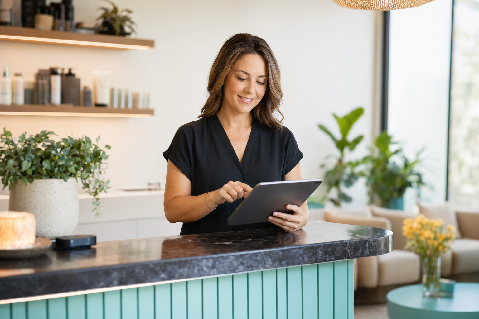 A small business owner at a counter using a tablet to manage their day