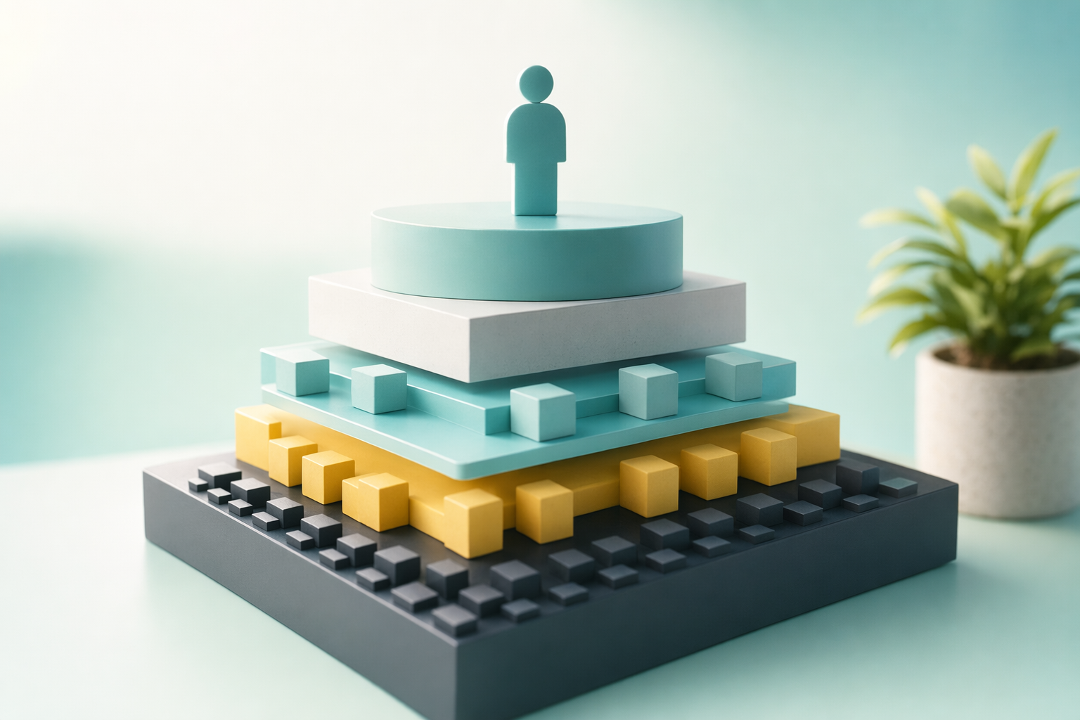 Layered steps illustration suggesting complex work moving down while simple human tasks rise to the top.
