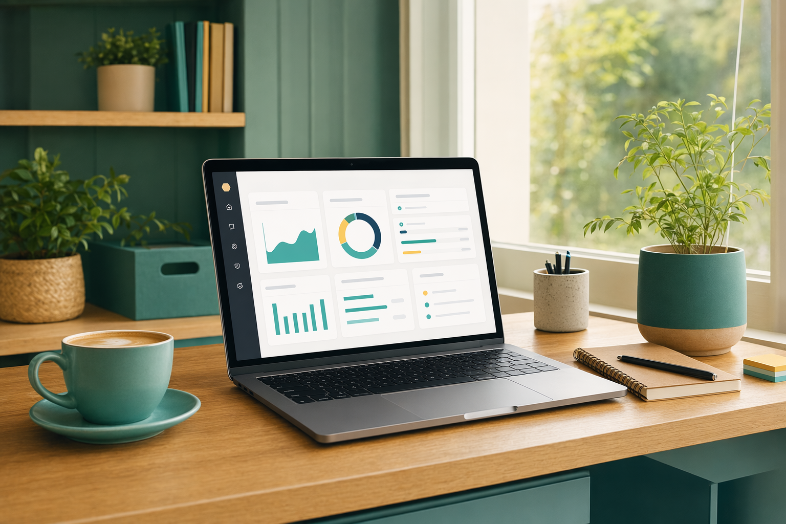 A tidy desk with a single laptop showing a business dashboard, suggesting consolidated tools.
