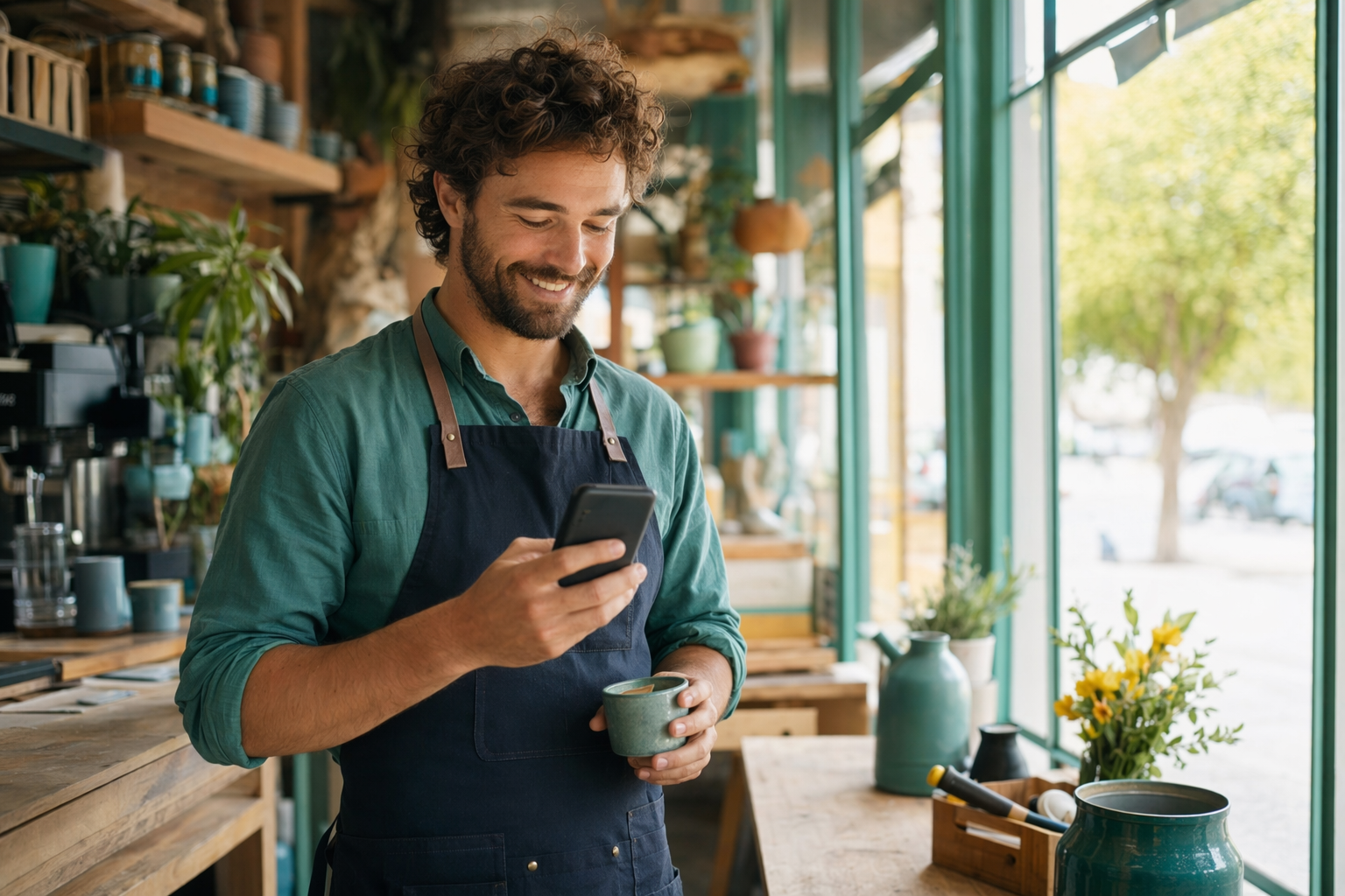 A small business owner checking their phone during a busy moment at work