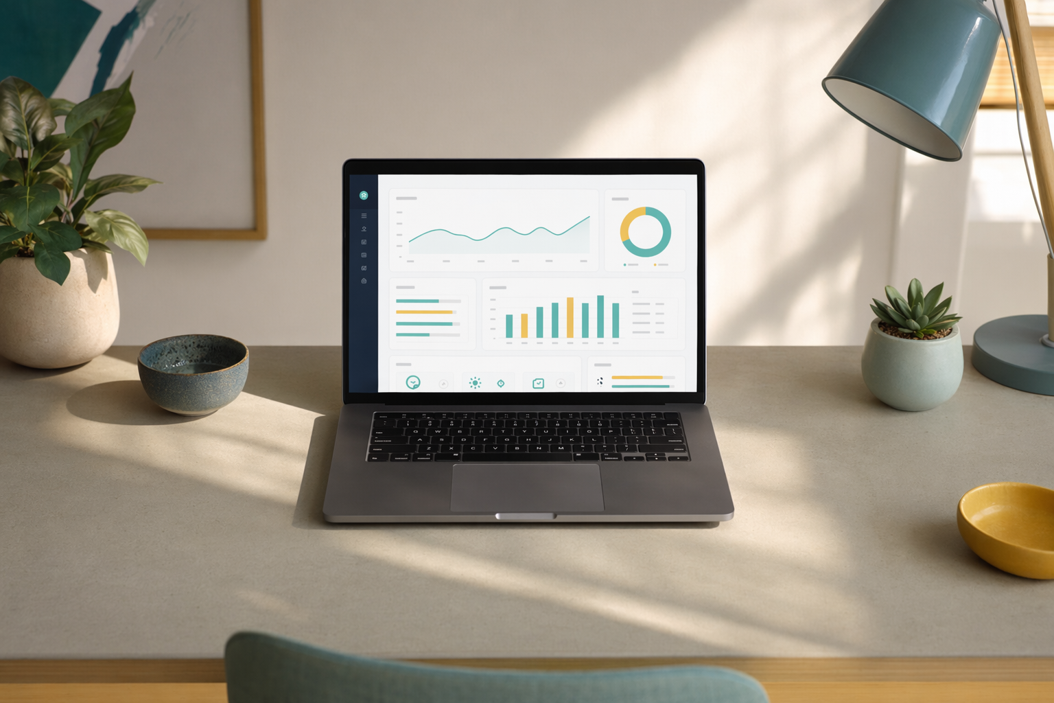 A tidy desk with a single laptop showing an organised dashboard