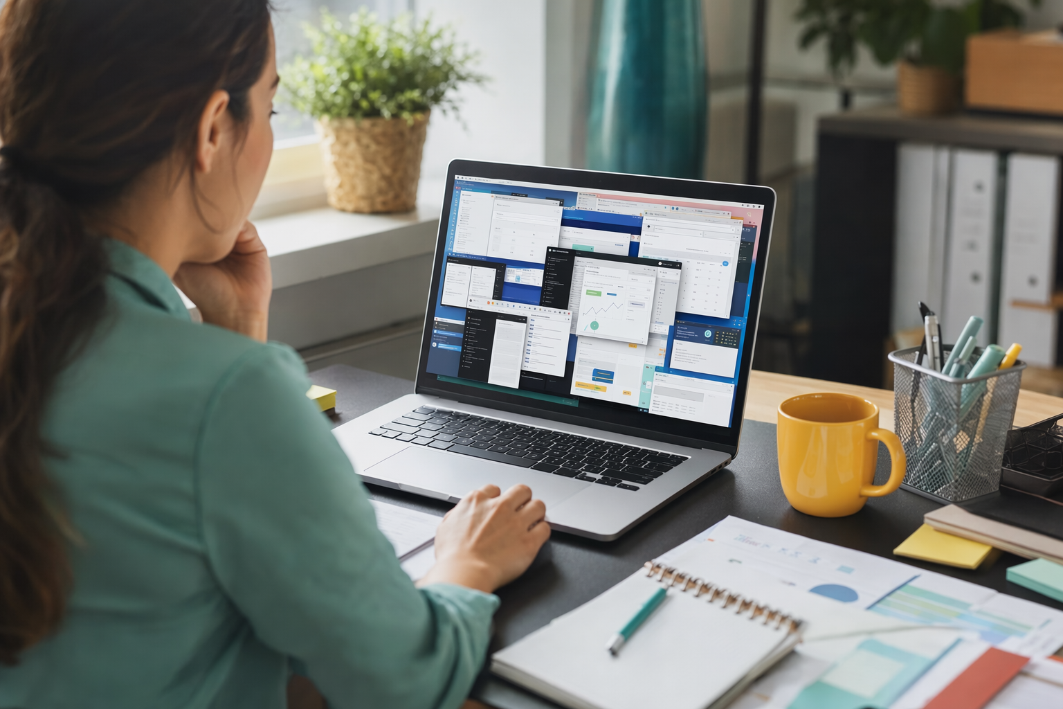 A desk with a laptop showing many overlapping app windows, illustrating the clutter of juggling multiple software tools.