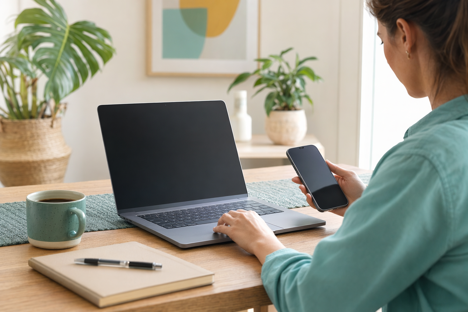 A tidy desk with a single laptop and phone, suggesting one place to manage a business.