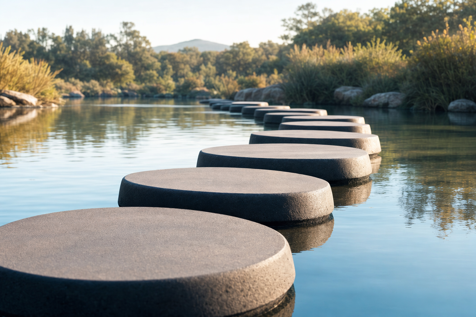Stepping stones forming a smoother path across water, representing simpler steps over time.