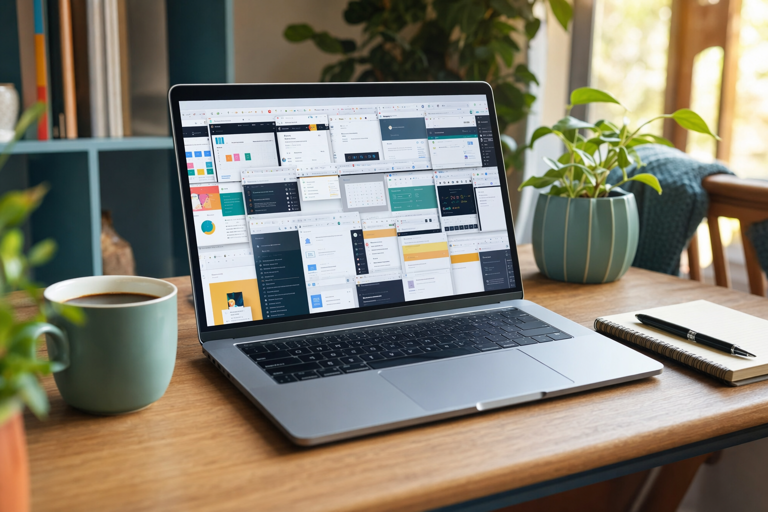 A laptop screen crowded with many open app windows on a small business owner's desk