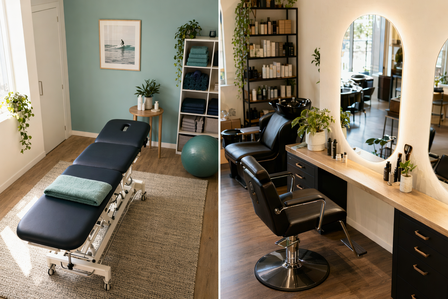 A physiotherapy room and a salon station side by side, showing two different service businesses.
